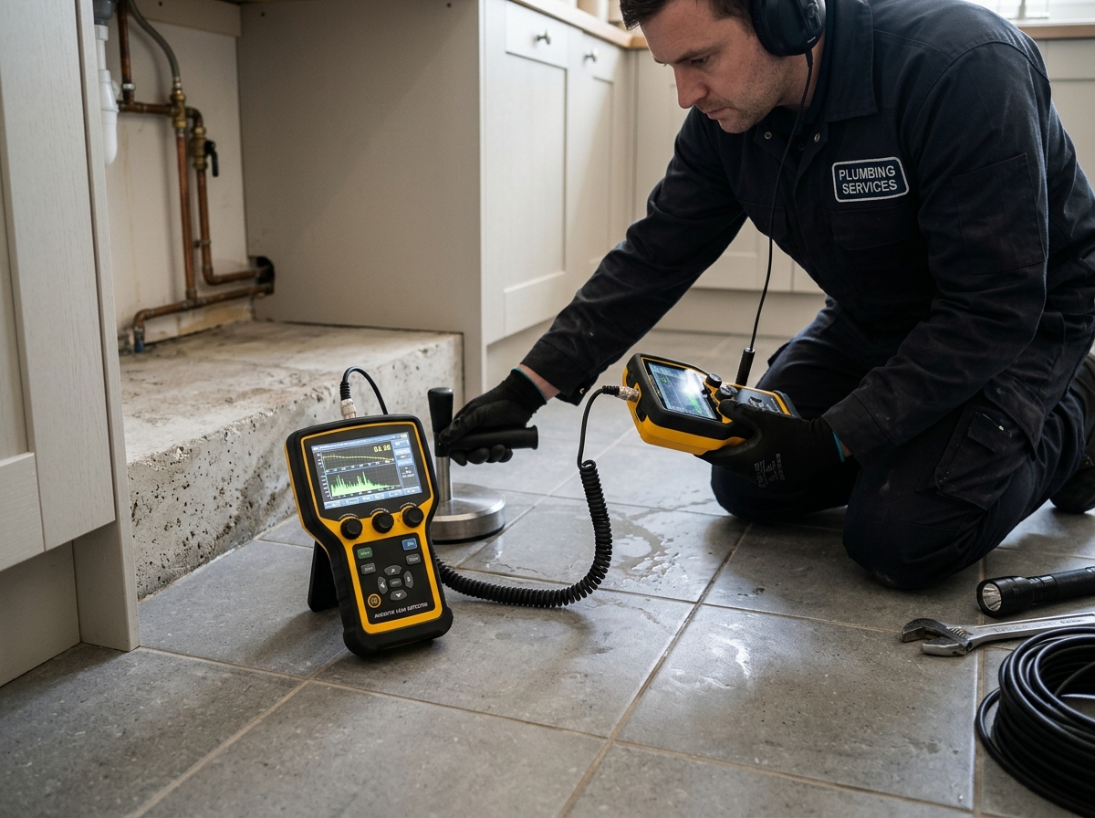 Acoustic ground sensor and electronic leak locator identifying underground pipe breach on concrete foundation in Kenner