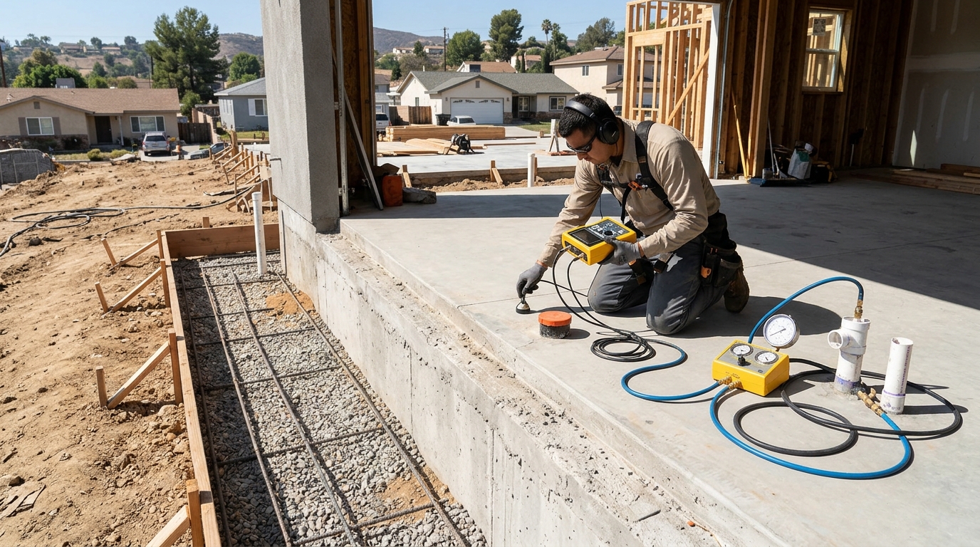 Plumbing technician testing water pressure and slab lines during a slab leak repair diagnostic in Kenner